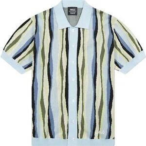 WeSC Mens Knit Polo Shirt XL Blue Green Wavy Stripe Button Front P115748T63T NEW